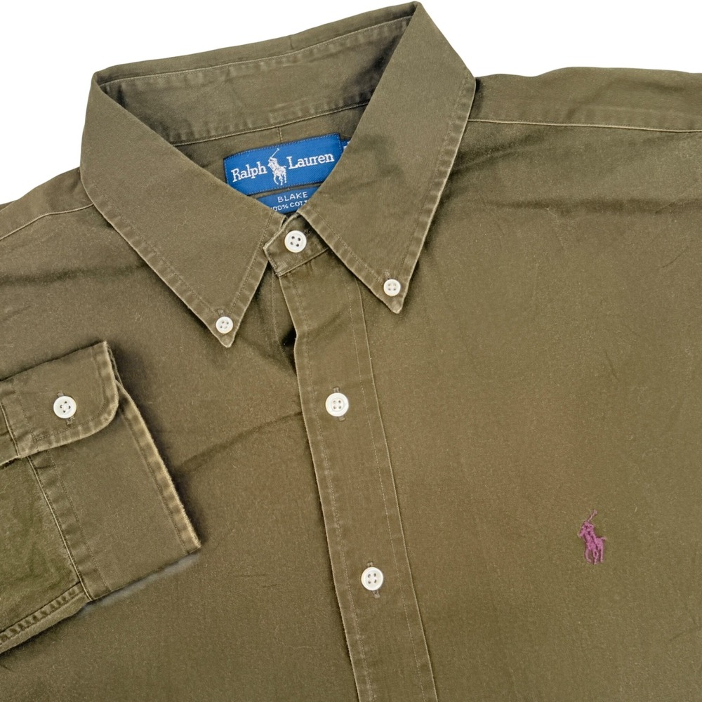 Ralph Lauren Button Down Shirt Mens XL Brown Blake Vintage 90s Cotton Twill Pony